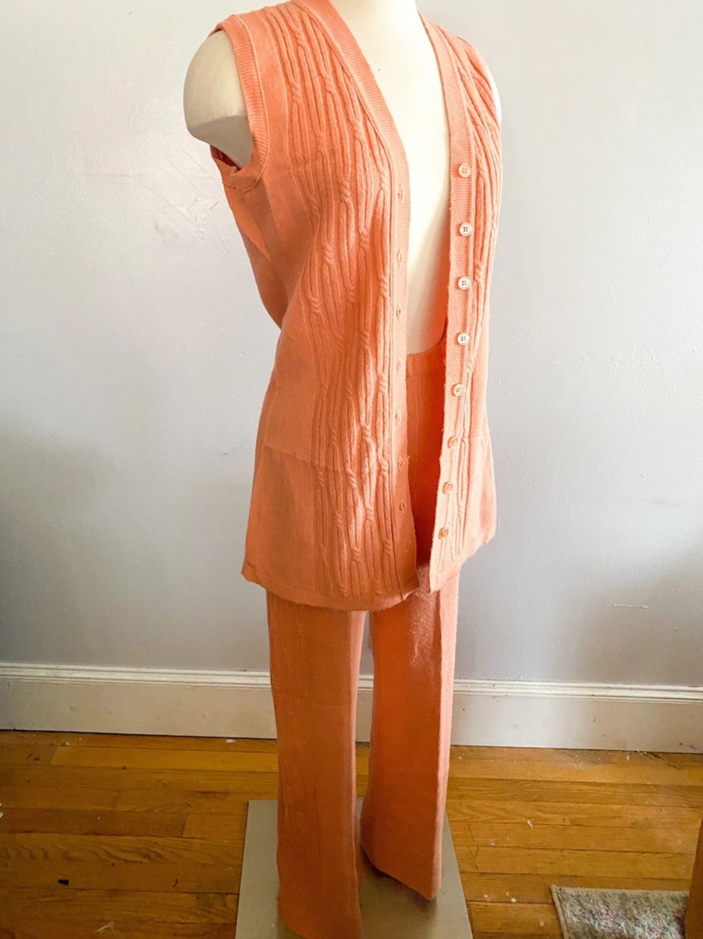 1970s Vintage Carol Horn Peach Knit vest and knit pants bell bottom
